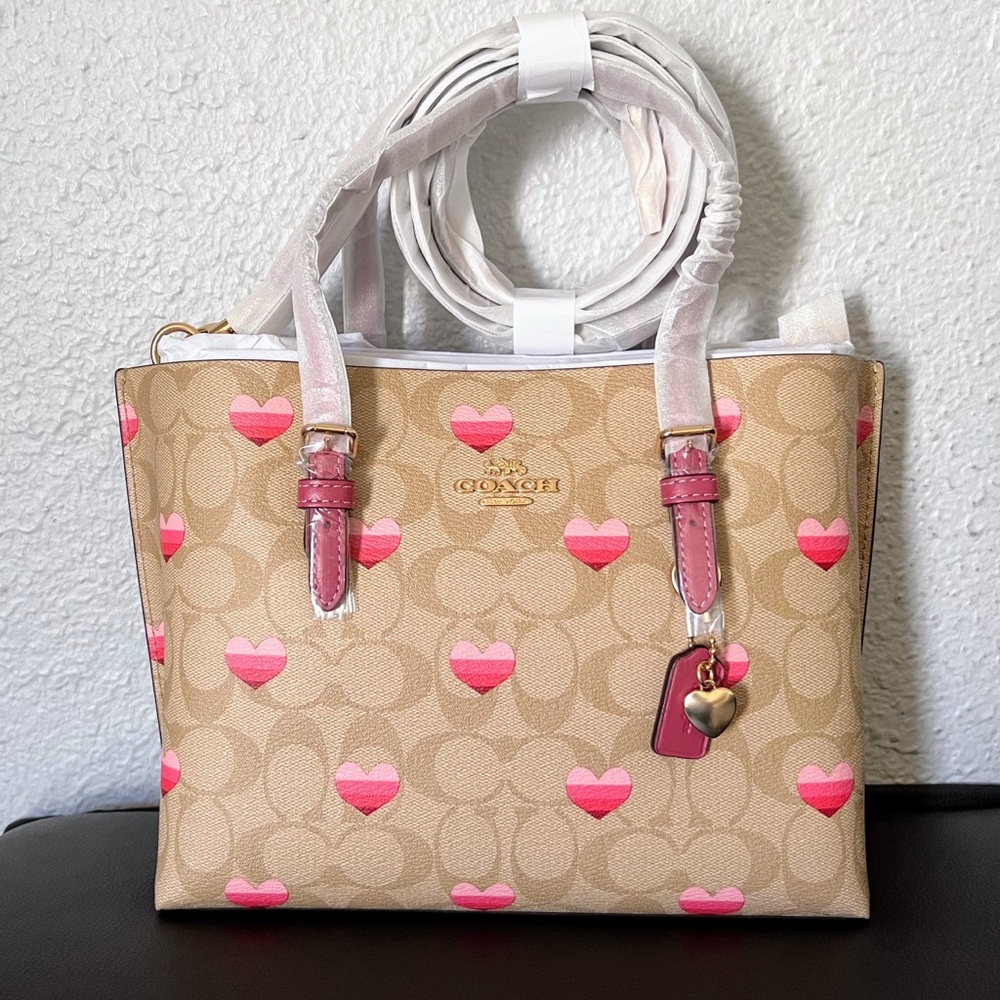 NWT COACH MOLLIE TOTE 25 IN SIGNATURE CANVAS STRIPE HEART PRINT GOLD/LIGHT KHAKI - Picture 7 of 12